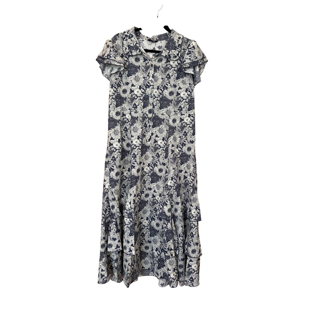 Lior Paris Midi Dress Women Blue White Floral Ruffle Tiered SIZE L